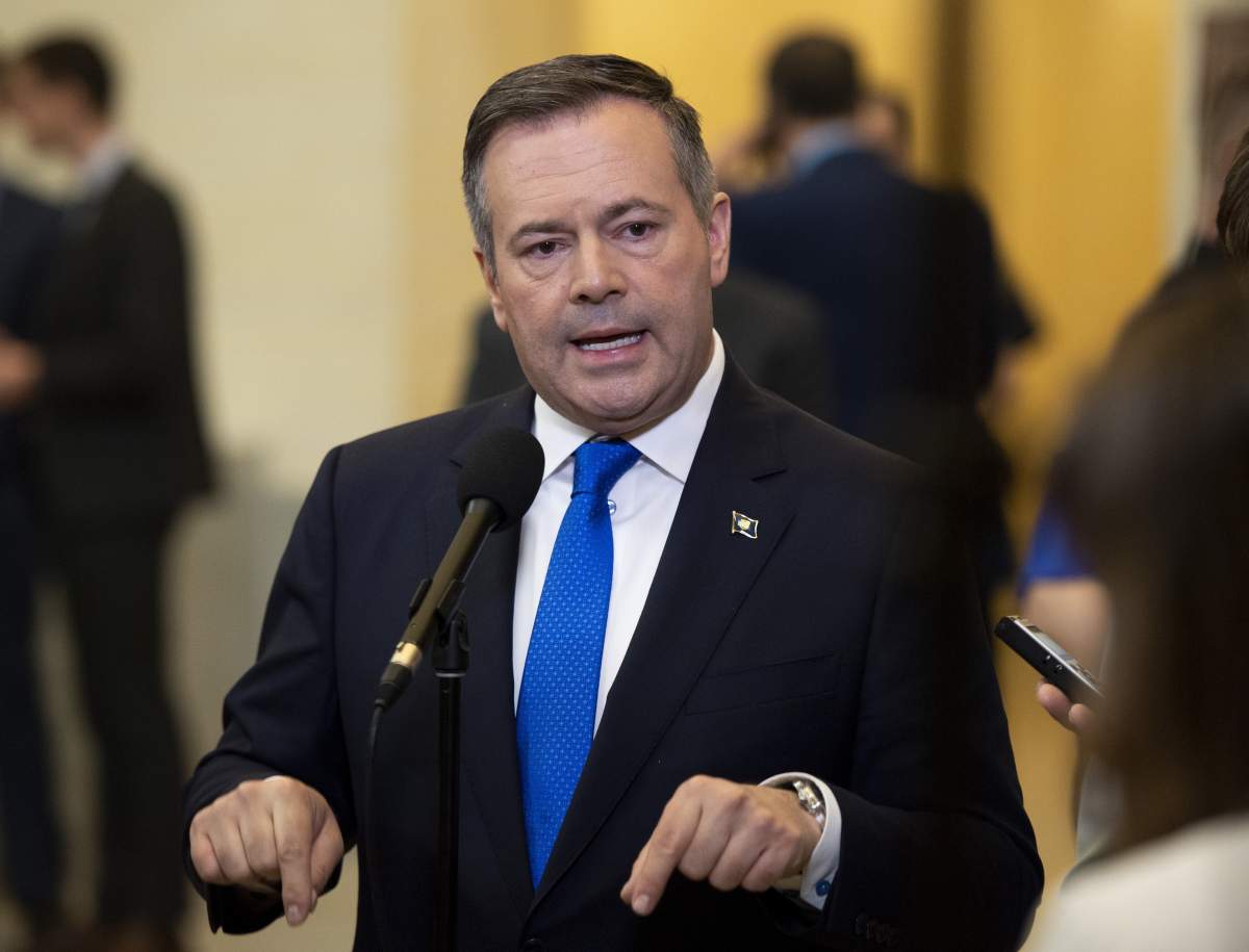 Alberta Premier Jason Kenney speaks to reporters after appearing at the Standing Senate Committee on Energy, the Environment and Natural Resources about Bill C-69 at the Senate of Canada Building on Parliament Hill in Ottawa on Thursday, May 2, 2019.