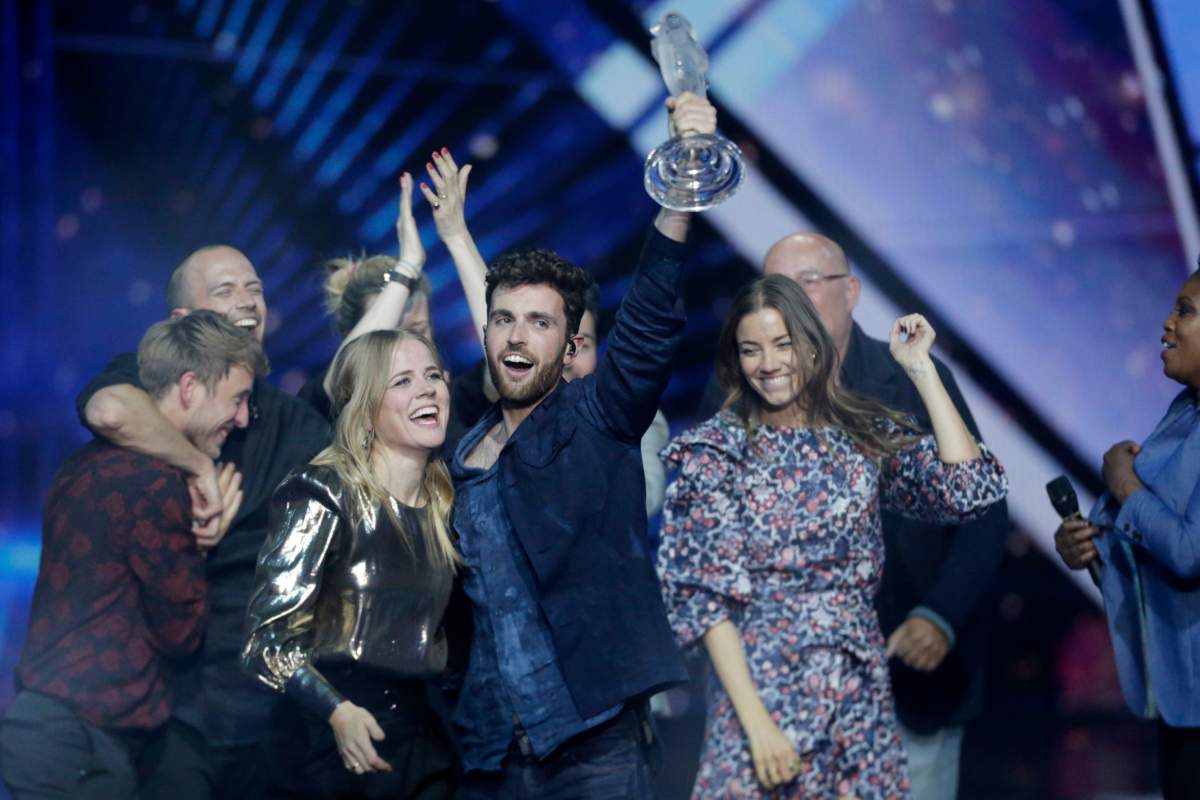 Winner of the 2019 Eurovision Song Contest Duncan Laurence (4-R) of The Netherlands celebrates with team members at the end of the Grand Final of the 64th annual Eurovision Song Contest (ESC) at the Expo Tel Aviv, in Tel Aviv, Israel, 18 May 2019.