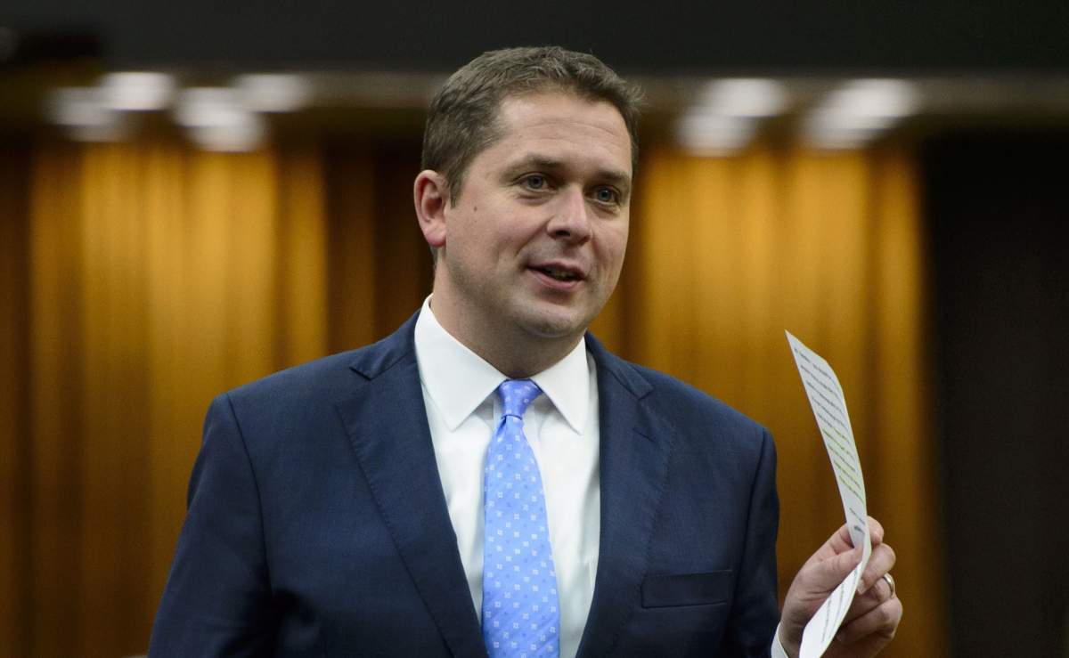 Conservative Leader Andrew Scheer stands during question period in the House of Commons on Parliament Hill in Ottawa on Wednesday, May 8, 2019.