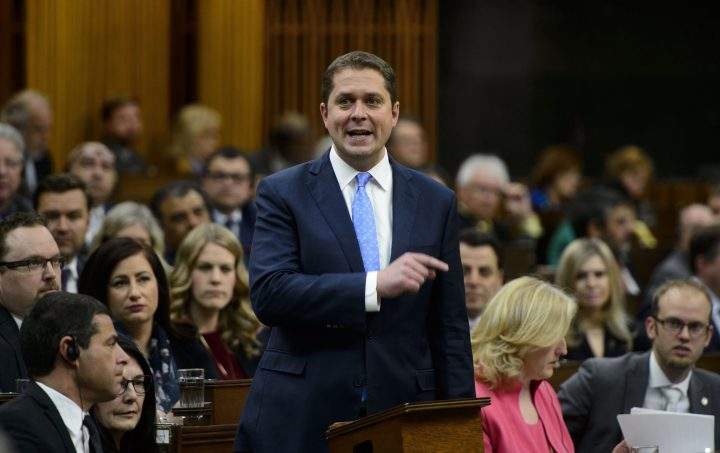 Conservative Leader Andrew Scheer stands during question period in the House of Commons on Parliament Hill in Ottawa on Wednesday, May 8, 2019. 