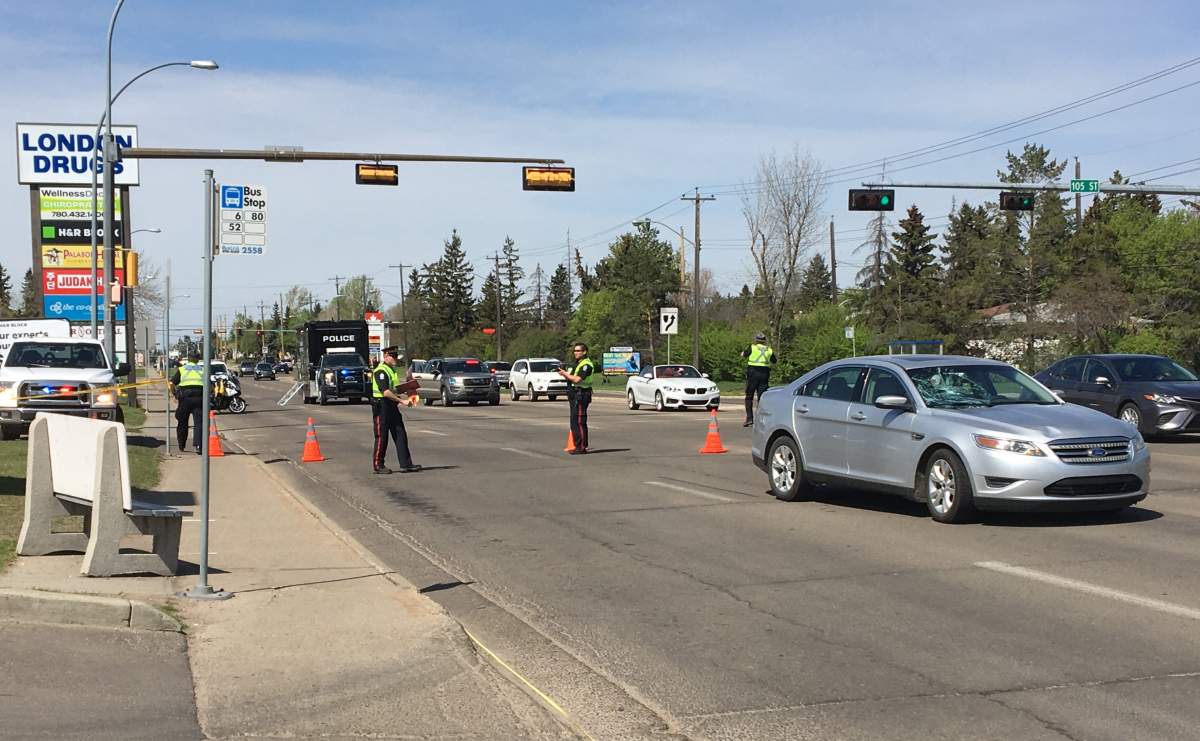 A man was taken to hospital with serious injuries after being hit by a car while crossing 51 Avenue at 105 Street in south Edmonton on Wednesday, May 22, 2019.