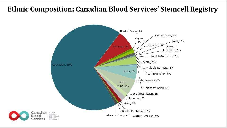 A breakdown of the ethnic composition of Canadian Blood Services’ stem cell registry