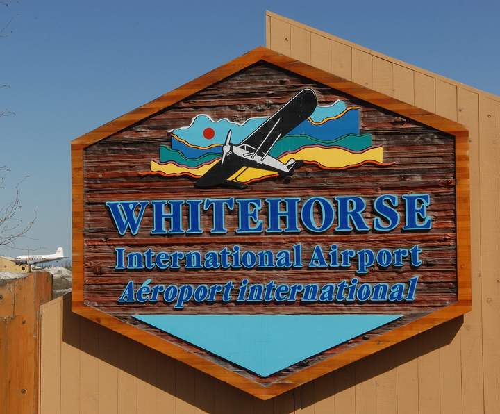 A welcome sign outside the Whitehorse International Airport in Whitehorse, Yukon Territory. 