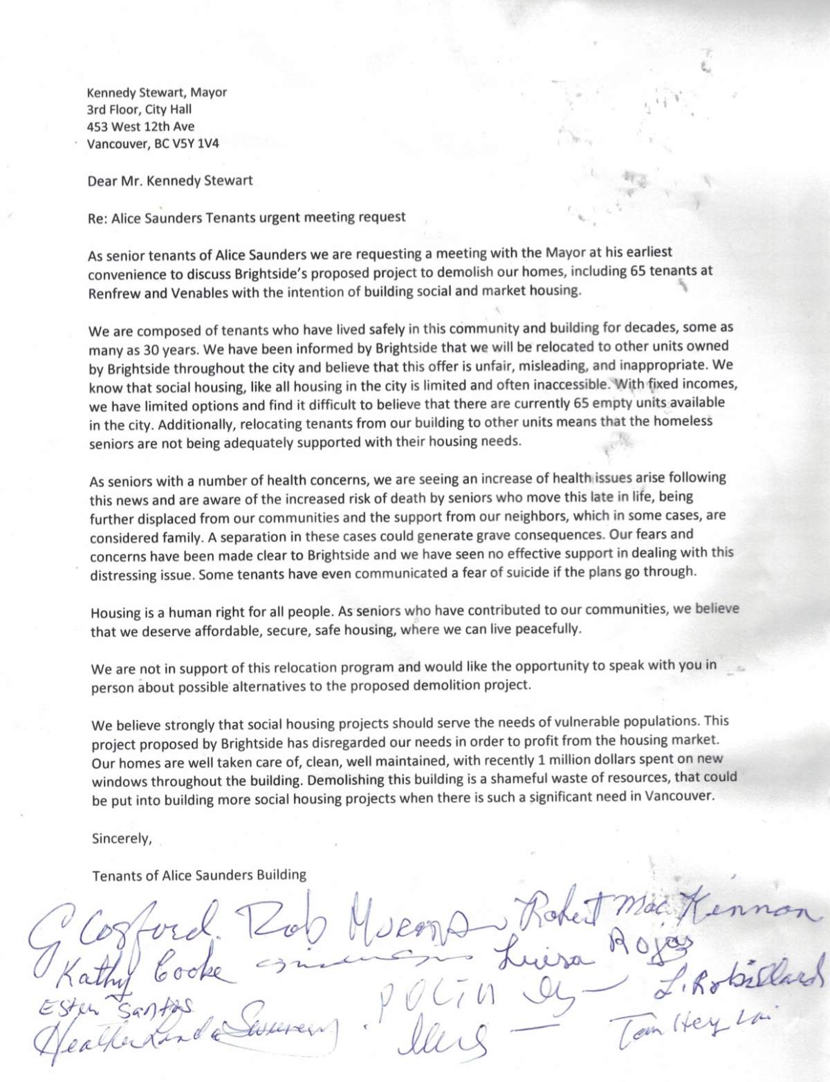 A collective letter signed by over a dozen residents of the Alice Saunders building on Venables Street in East Vancouver.