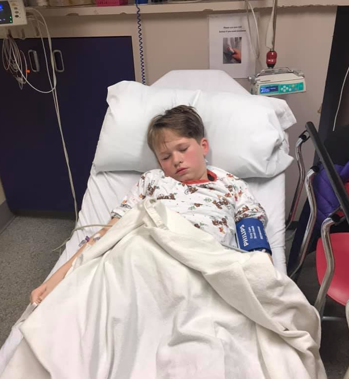 Ten-year-old Brady Tovell required surgery after a wire from a barbcue bristle became lodged in his bowel. 