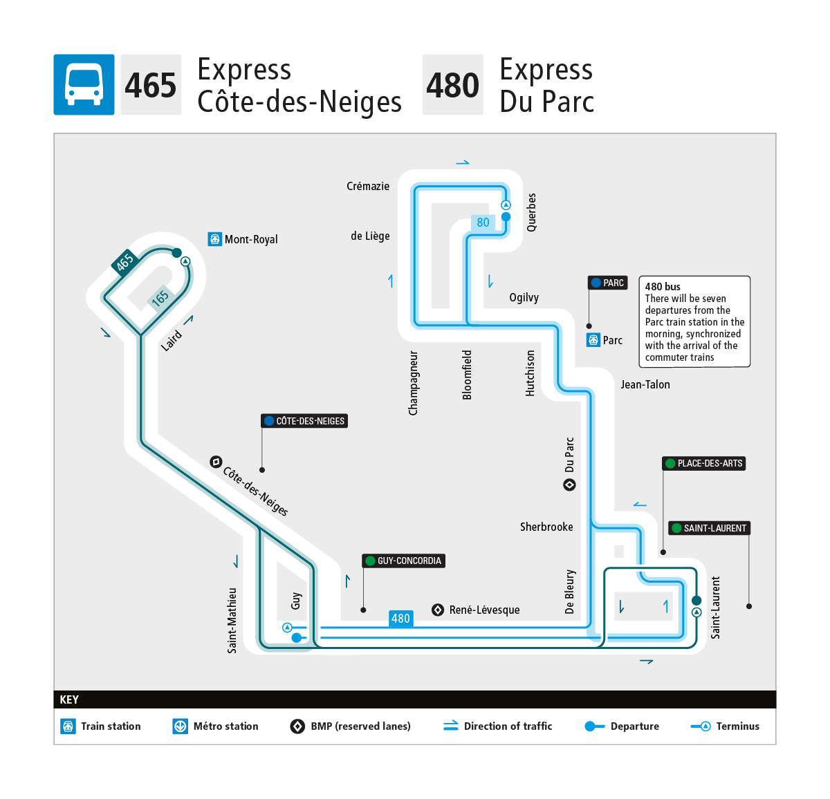 The 435 Express du Parc/Côte-des-Neiges bus will be divided into two new buses to better adjust to morning and afternoon peak periods.