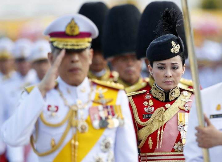 General Suthida Vajiralongkorn na Ayudhya, right, accompanies Thai King Maha Vajiralongkorn during a royal ceremony to mark Chakri Memorial Day at the King Rama I Monument in Bangkok, Thailand, on April 6, 2019.