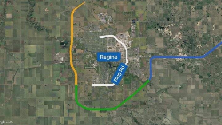 The route for the Regina bypass. Phase one in blue is complete. Phase two, in green and orange, is set to open in October.