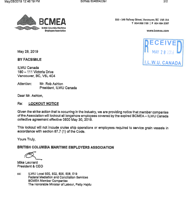 President of the International Longshoreman Warehouse Union, Robert Ashton says he was handed this lockout notice just after lunch Tuesday afternoon.