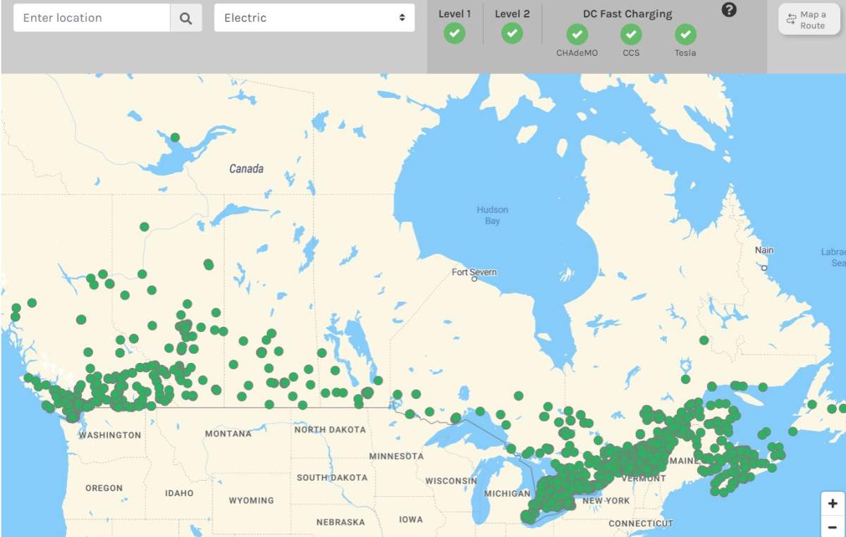 List of charging stations across Canada.
