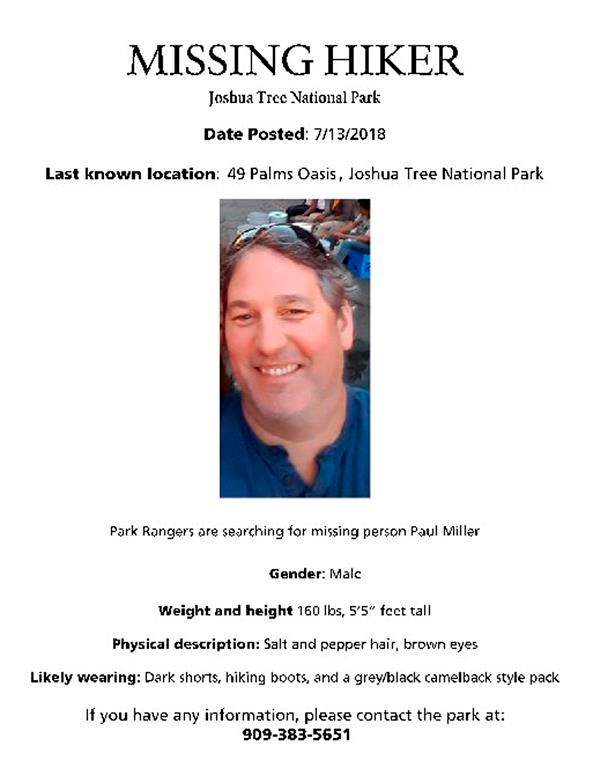 This undated image posted on the Joshua Tree National Park Twitter shows information about Paul Miller, 51, a Canadian man missing since heading out for a hike Friday morning, July 13, 2018, in the Southern California desert park.
