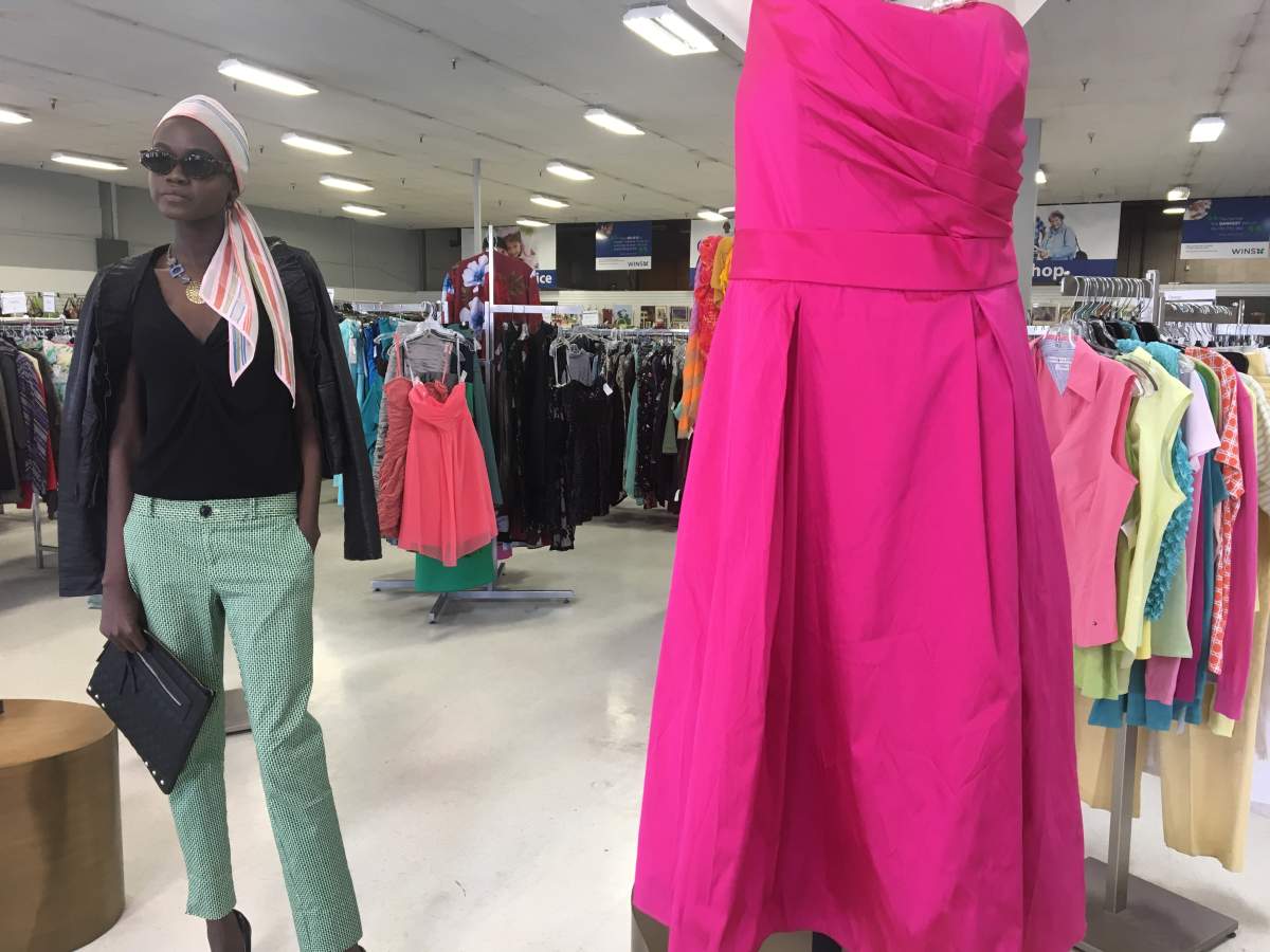 Klass model showing off curated look from WINS thrift store.