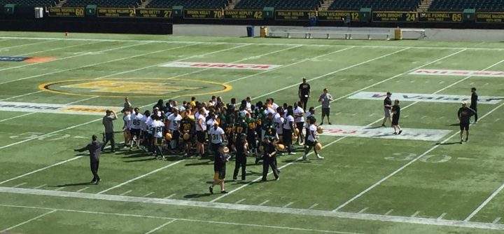The Edmonton Eskimos at the end of their walkthrough practice on Saturday, May 26, 2019.