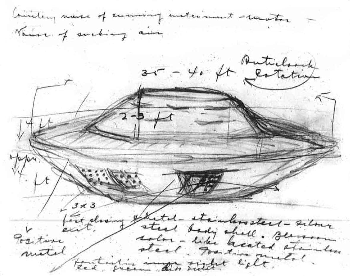 Stefan Michalak’s sketch of the UFO he said he saw near Falcon Lake in 1967.