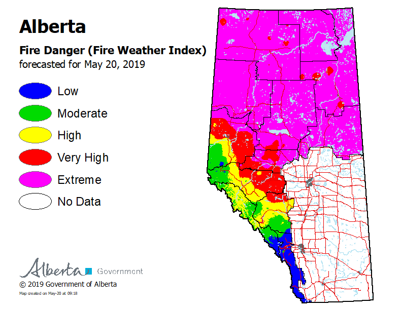 Alberta Fire Danger map released on May 20 shows conditions in northern Alberta labelled as “extreme”.