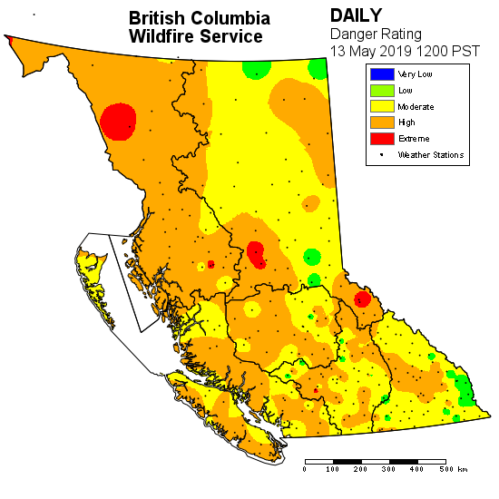 The fire comes with nearly half of the province under a “high” or “extreme” fire danger rating.