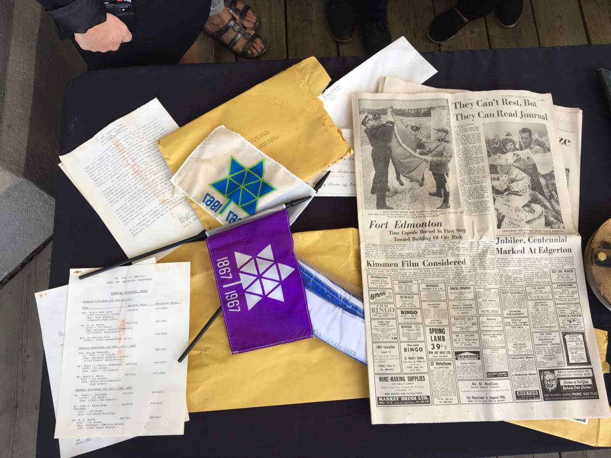 Items from the 1967 centennial capsule unearthed at Fort Edmonton Park on Wednesday, May 22, 2019.