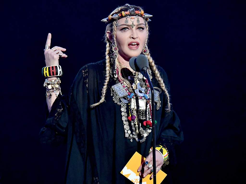 Madonna speaks onstage during the 2018 MTV Video Music Awards at Radio City Music Hall on Aug. 20, 2018 in New York City.