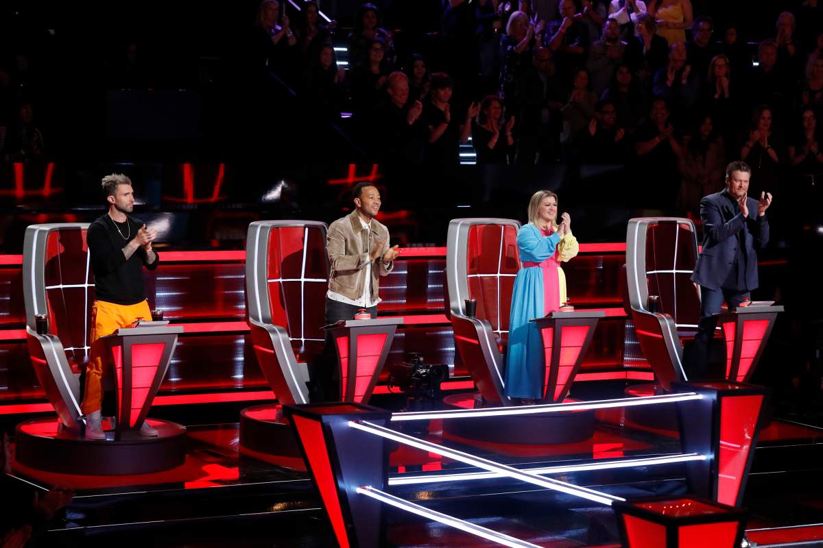 Pictured: (l-r) Adam Levine, John Legend, Kelly Clarkson and Blake Shelton.
