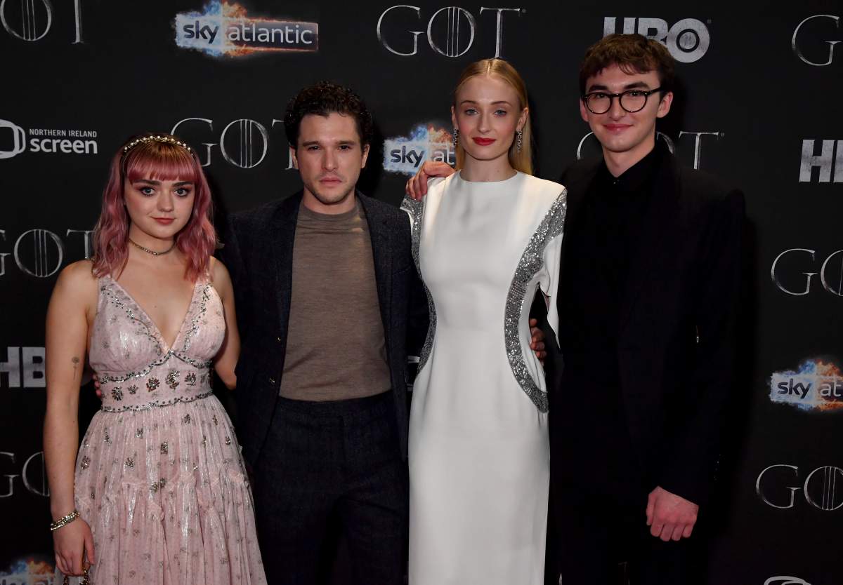 (L-R) Maisie Williams, Kit Harington, Sophie Turner and Isaac Hempstead Wright at the final Game of Thrones season premiere at the Waterfront Hall on April 12, 2019 in Belfast, Northern Ireland.