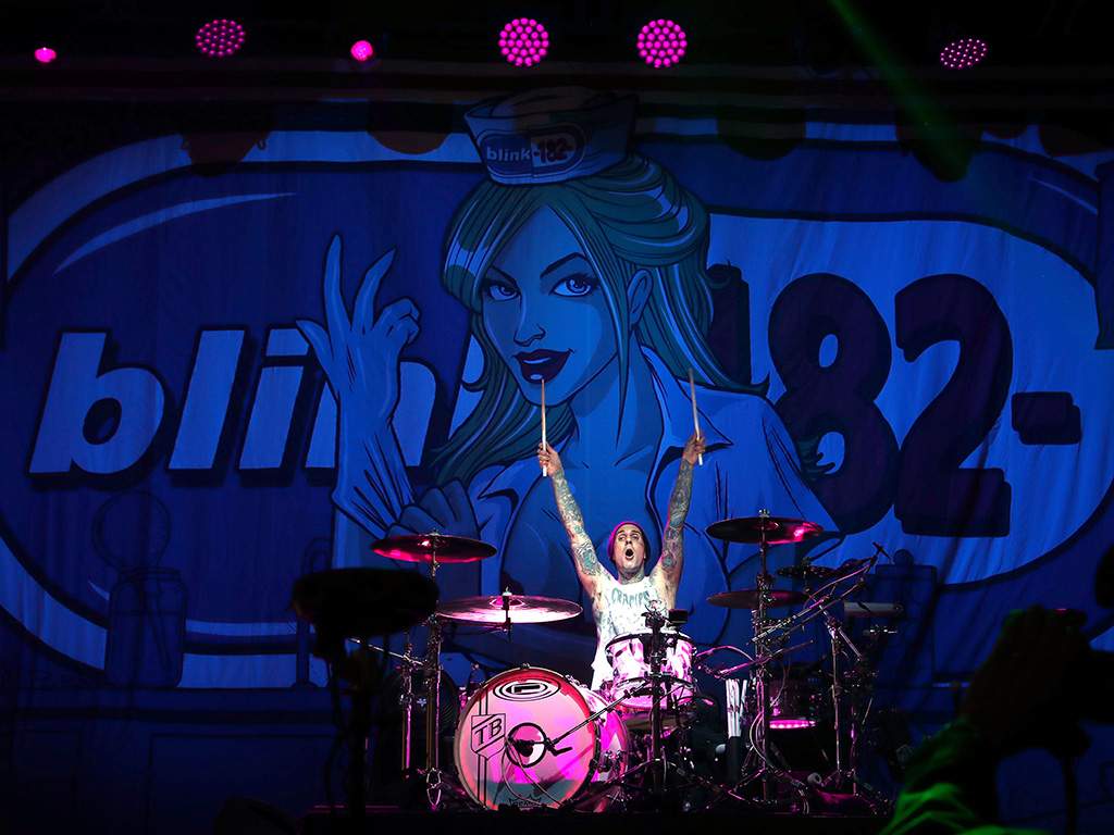 Travis Barker of Blink-182 performs at KROQ at Huntington State Beach on April 27, 2019, in Huntington Beach, Calif.