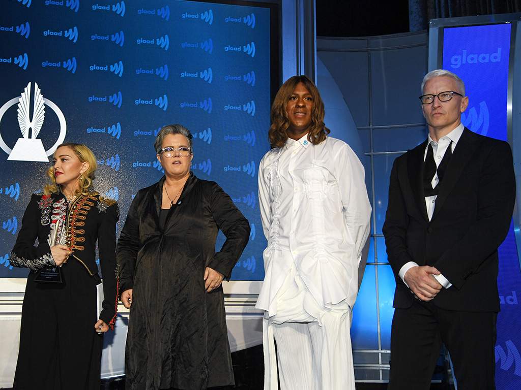 (L-R) Madonna, Rosie O’Donnell, Mykki Blanco and Anderson Cooper speak onstage during the 30th Annual GLAAD Media Awards New York at New York Hilton Midtown on May 4, 2019 in New York City.