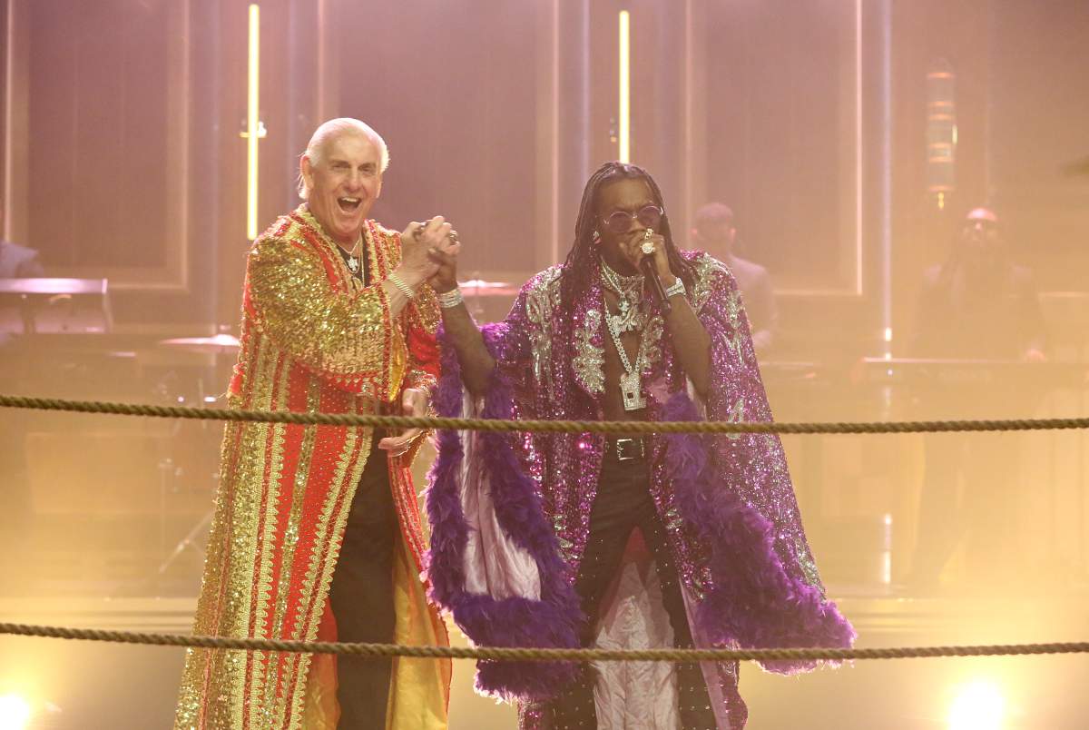 Pictured: Musical guest Offset & Metro Boomin perform ‘Ric Flair Drip’ with Ric Flair on April 17, 2018. (Photo by Andrew Lipovsky/NBC/NBCU Photo Bank via Getty Images)