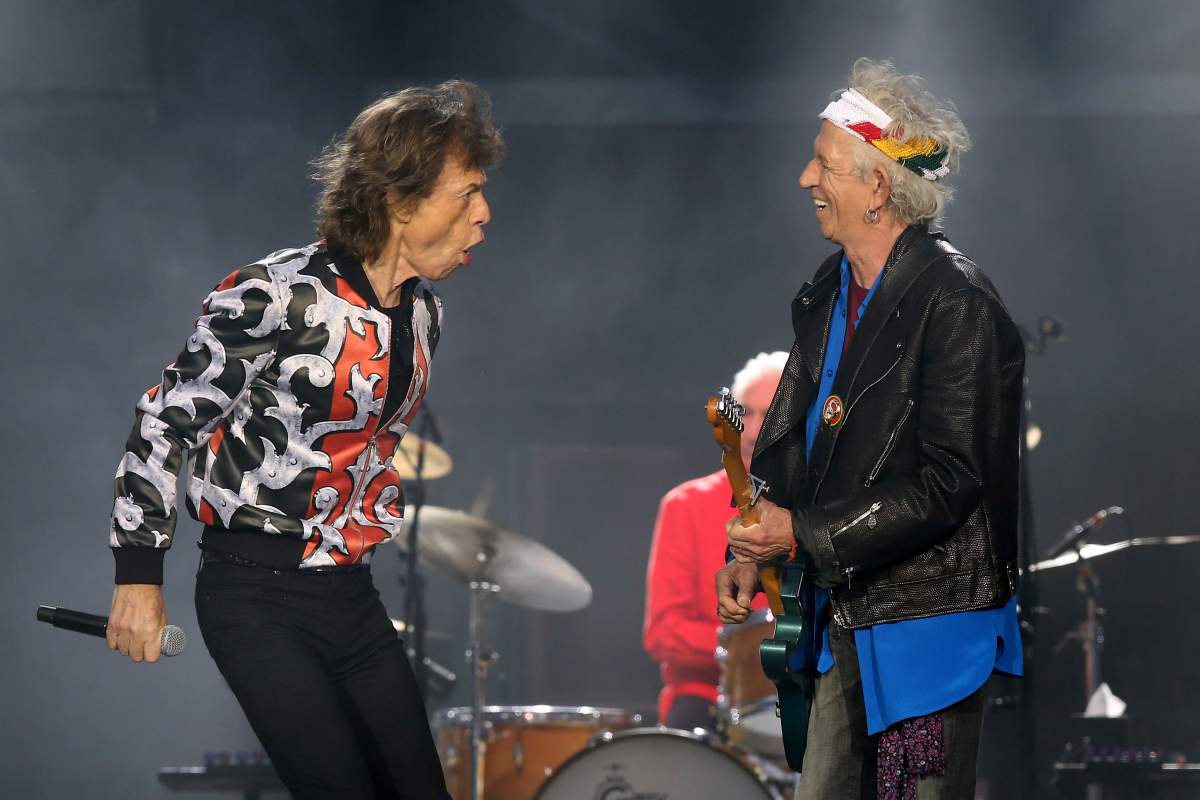 (L-R) Mick Jagger and Keith Richards of The Rolling Stones perform onstage during the No Filter tour at The London Stadium on May 25, 2018, in London, England.