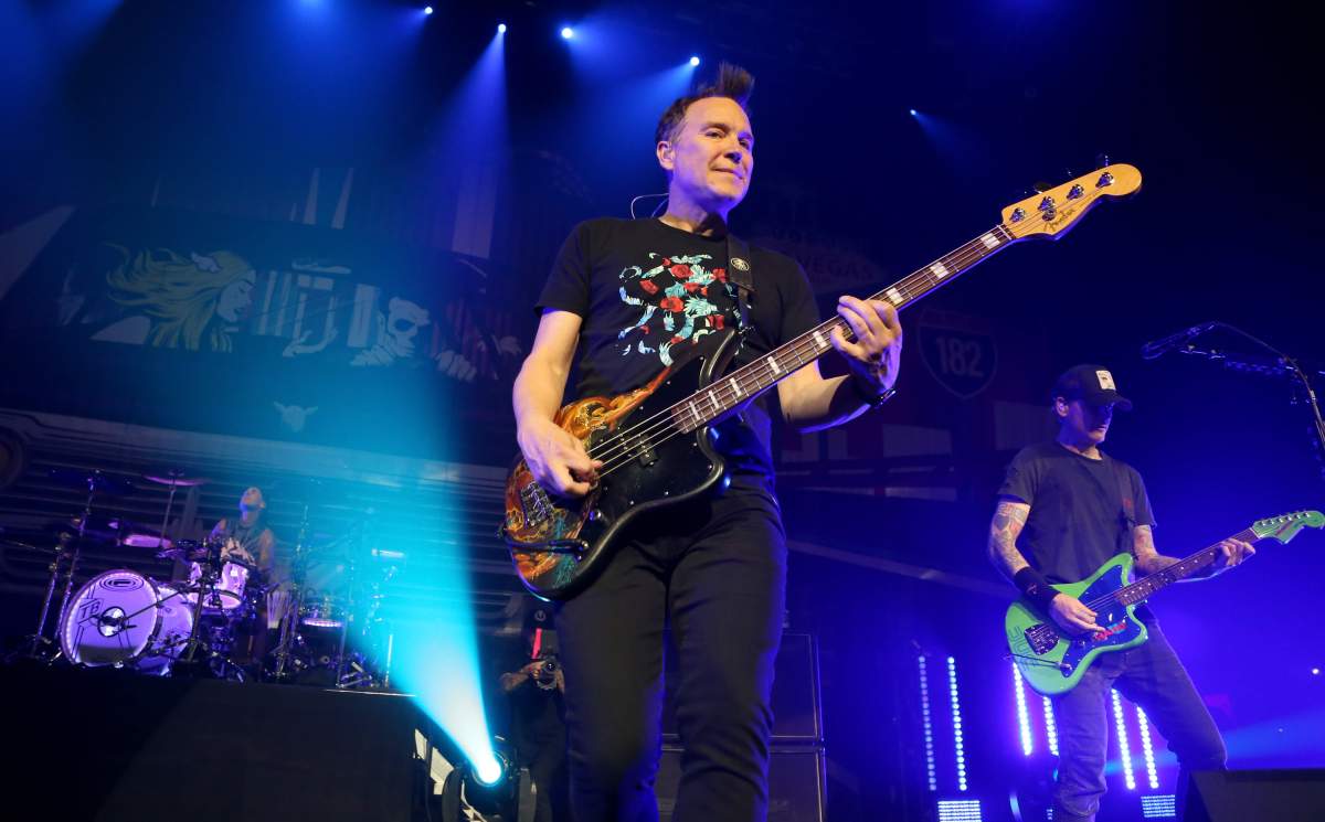 (L-R) Travis Barker, Mark Hoppus and Matt Skiba of Blink-182 perform as the band kicks off its 16-show ‘Kings of the Weekend’ residency at The Pearl concert theatre at Palms Casino Resort on May 26, 2018 in Las Vegas, Nev.