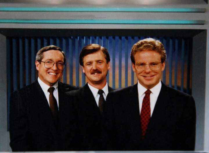 From left: former weatherman Mike Roberts, sports anchor Pat Kennedy and news anchor Rick Webber during the 1990s.