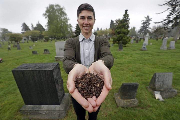 Recompose CEO Katrina Spade poses for a photo at a Seattle cemetery on April 19, 2019.