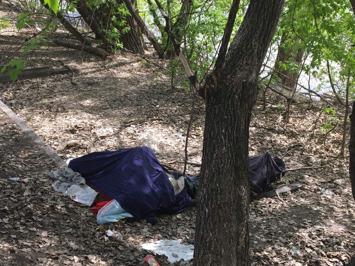 Someone’s belongings in a park by the river located off of Broadway in Winnipeg, Man.