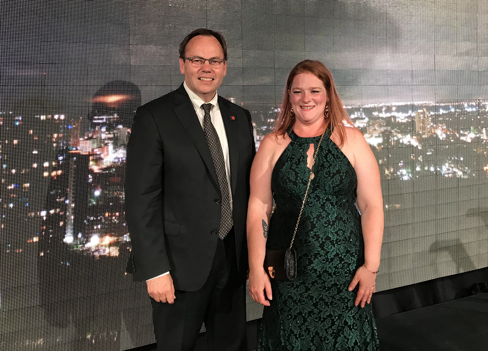 Mohawk College president Ron McKerlie and Mohawk student Sarah Macpherson at the 5th Annual Mohawk College Partnership Dinner, where the college announced its Challenge 2025 initiative.