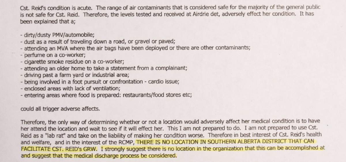 An email from Patti Reid’s supervisor suggesting nowhere in the RCMP could accommodate her.