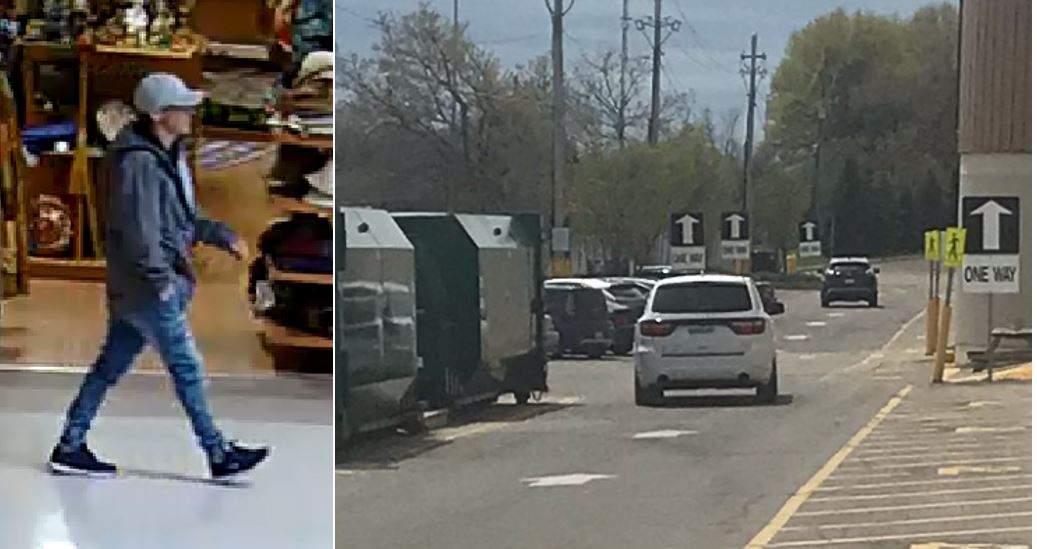 This man was seen driving away in a white vehicle, featured in the photo on the right, after he allegedly stole a $20,000 ring from a Brockville jewelry store.