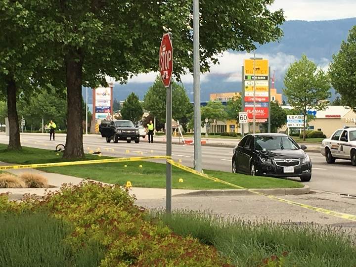 Part of Harvey Avenue near Orchard Plaza in Kelowna was closed down following a collision between an off-duty officer’s vehicle and a cyclist in May.