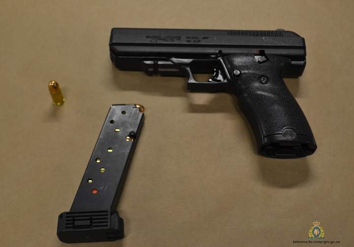 A photo of the .45-calibre semi-automatic pistol seized by Kelowna RCMP during a Thursday traffic stop that led to two men being arrested and later charged.