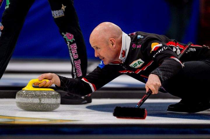 Skip Kevin Koe releases his first rock.