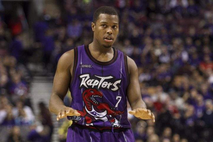 The Toronto Raptors’ Kyle Lowry is shown wearing a throwback jersey in this file photo from Nov. 7, 2014, in Toronto.