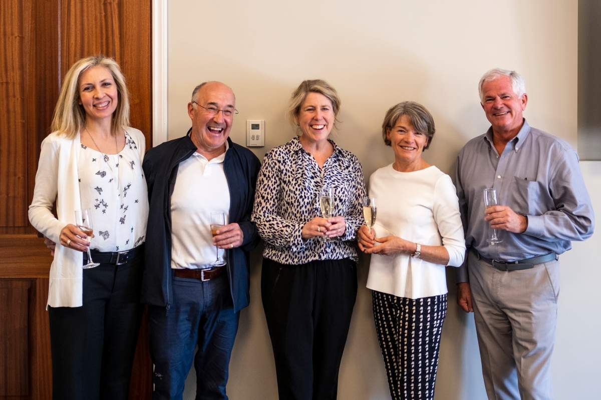 LCS Board Chair Nicole Bendaly, John Hepburn, Head of School and Foundation Anne-Marie Kee, Jane Hepburn and LCS Foundation Board Chair Jock Fleming share a toast in celebration at the LCS Foundation Trustees’ Meeting in Victoria.