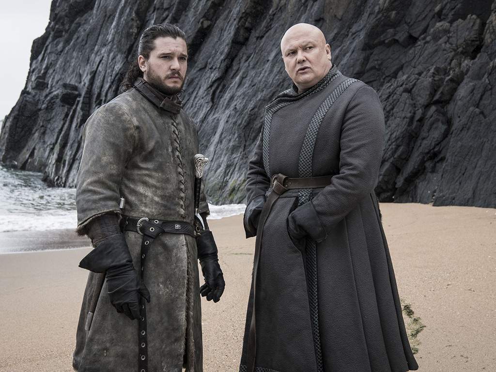 (L-R) Jon Snow (portrayed by Kit Harrington) and Lord Varys (Conleth Hill) in Season 8 of HBO’s ‘Game of Thrones.’