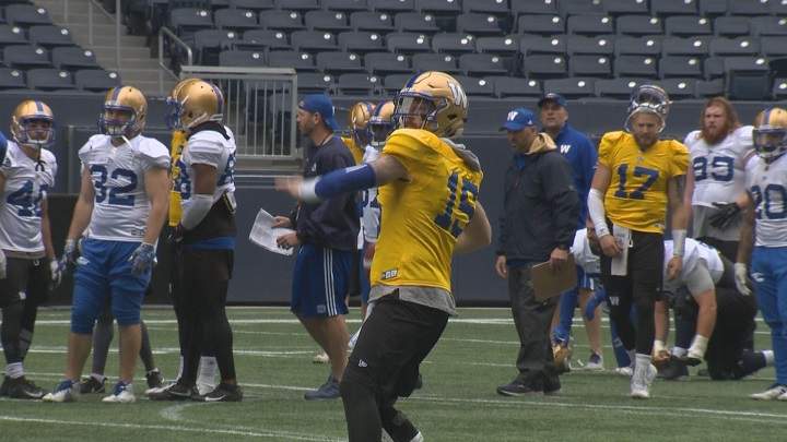 Winnipeg Blue Bombers quarterback Matt Nichols completes a throw in training camp.