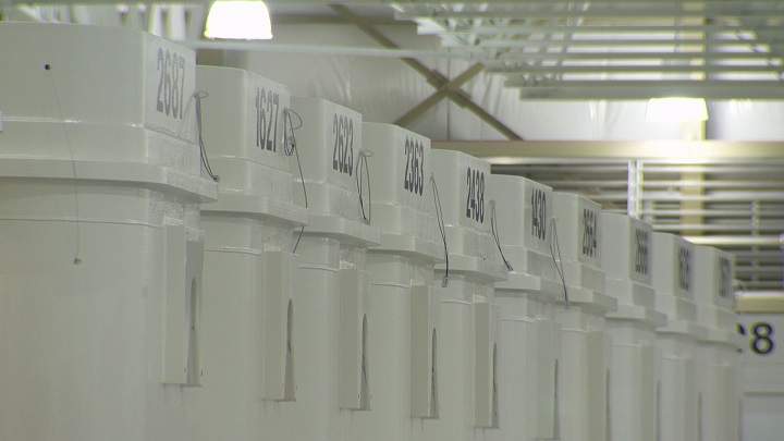 Used nuclear fuel from the Bruce Power plant near Lake Huron, Ont. is stored in massive containers on site.