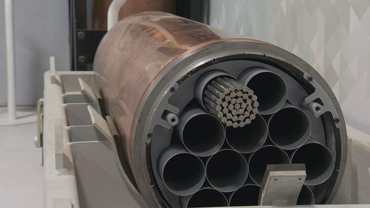 Used fuel from the Bruce Power plant is stored in the form of pellets that fit into tubes. These tubes are collected into bundles and packed into carbon steel tubes coated in copper.
