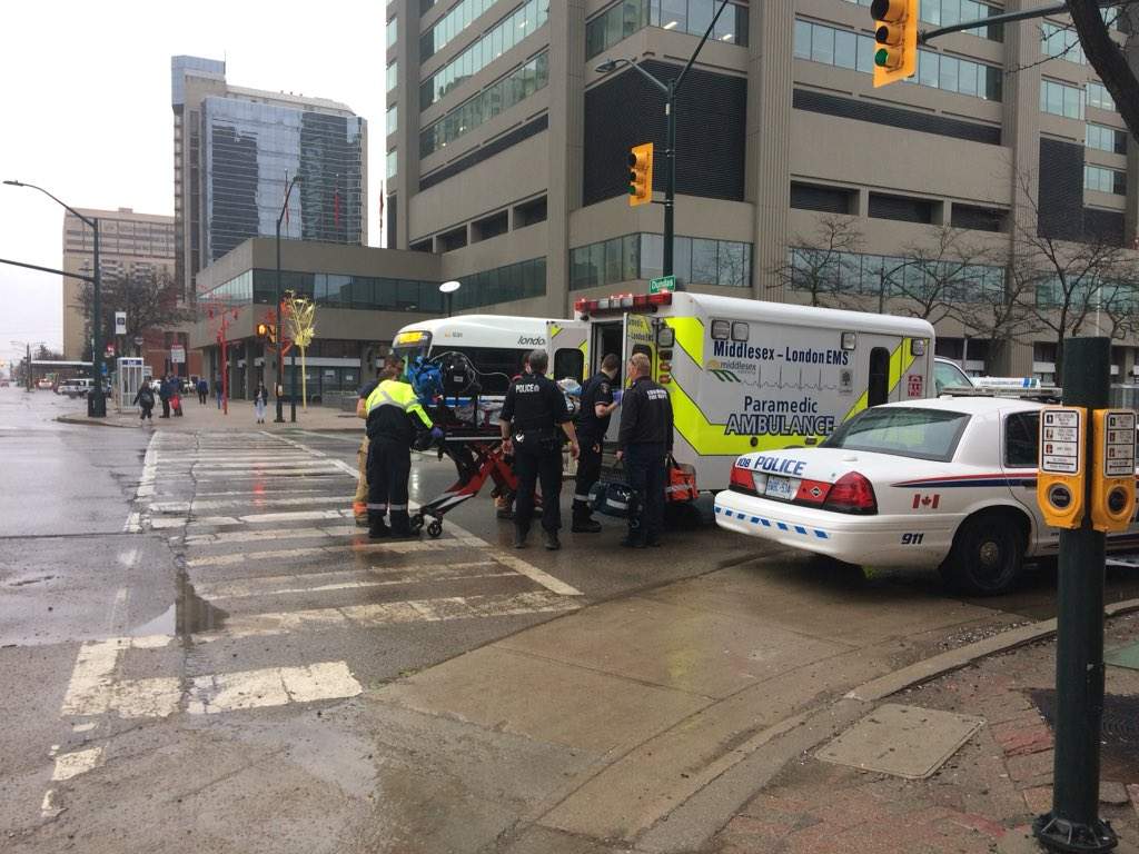 Police, paramedics and firefighters respond to a suspected overdose call in the area of Dundas and Wellington streets on May 3, 2019. 