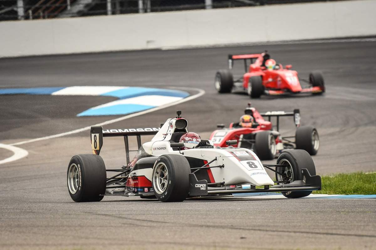 Red Deer’s Parker Thompson (8), leads a couple of drivers during the Indianapolis Grand Prix.