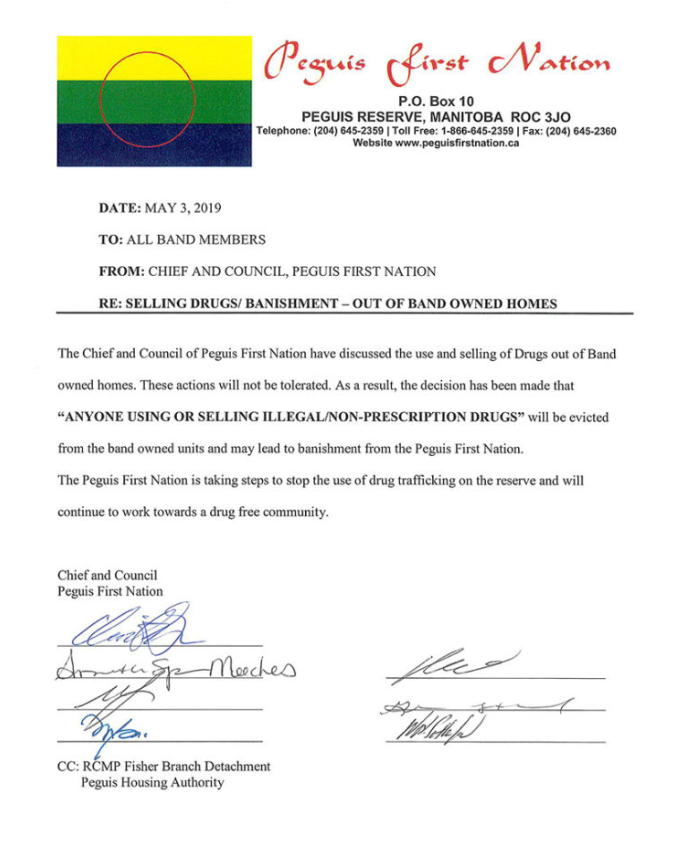 Peguis First Nation posted the letter online stating the consequences of illegal drugs on the reserve.