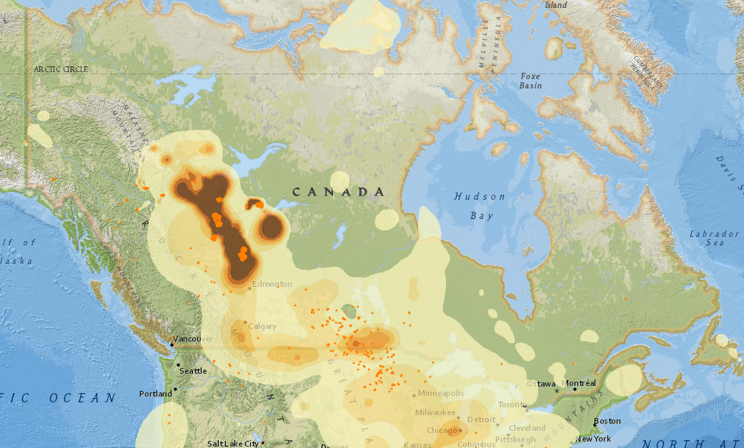 Visualization by Firesmoke.ca shows a forecast for concentrations of PM2.5 across Canada on May 31, 2019.