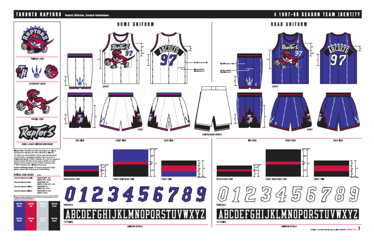 This team identity sheet shows all the logos, uniforms and lettering used for the Toronto Raptors’ 1997-1998 season.