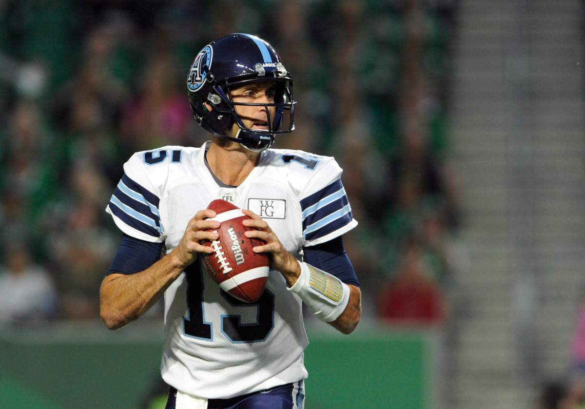 Toronto Argonauts quarterback Ricky Ray looks for a receiver during second half season opener CFL action at Mosaic Stadium in Regina on Friday, June 15, 2018.
